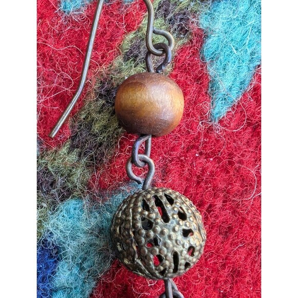 Vintage Wood Bead Dangle Earrings - Picture 3 of 8